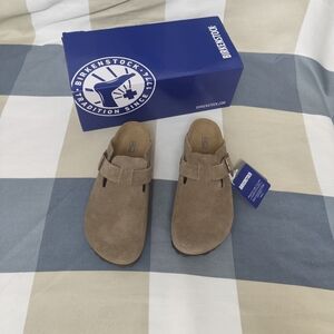 Birkenstock Boston Taupe Narrow Suede Clogs